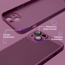 Ladda upp bild till gallerivisning, Moozy VentiGuard Phone Case for iphone 14, 6.1-inch - Breathable Shockproof Bumper Cover with lens protector, Perforated Pattern for Air Circulation, Anti-Overheating Phone Case, Purple