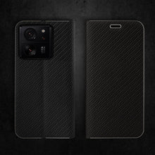 Load image into Gallery viewer, Moozy Wallet Case for Xiaomi 13T / 13T Pro, Black Carbon - Flip Case with Metallic Border Design Magnetic Closure Flip Cover with Card Holder and Kickstand Function