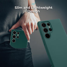 Lade das Bild in den Galerie-Viewer, Moozy Lifestyle. Silicone Case for Samsung S24 Ultra, Dark Green - Liquid Silicone Lightweight Cover with Matte Finish and Soft Microfiber Lining, Premium Silicone Case