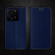 Charger l'image dans la galerie, Moozy Wallet Case for Xiaomi 13T / 13T Pro, Dark Blue Carbon - Flip Case with Metallic Border Design Magnetic Closure Flip Cover with Card Holder and Kickstand Function