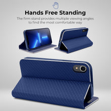 Cargar imagen en el visor de la galería, Moozy Wallet Case for iPhone XR, Dark Blue Carbon - Flip Case with Metallic Border Design Magnetic Closure Flip Cover with Card Holder and Kickstand Function