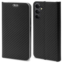 Load image into Gallery viewer, Moozy Wallet Phone Case for Samsung galaxy A55 5g, Carbon - Flip Case with Metallic Border Design Magnetic Closure Flip Cover for samsung a55 5g with Card Holder and Kickstand Function, Black