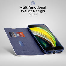 Afbeelding in Gallery-weergave laden, Moozy Wallet Case for iPhone SE 2020, iPhone 7, iPhone 8, Dark Blue Carbon - Metallic Edge Protection Magnetic Closure Flip Cover with Card Holder