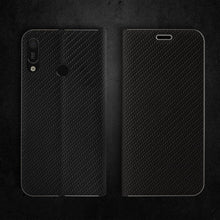 Afbeelding in Gallery-weergave laden, Moozy Wallet Case for Huawei Y6 2019, Black Carbon – Metallic Edge Protection Magnetic Closure Flip Cover with Card Holder