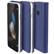 Ladda upp bild till gallerivisning, Moozy Case Flip Cover for Huawei P9 Lite, Dark Blue - Smart Magnetic Flip Case with Card Holder and Stand