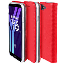 Ladda upp bild till gallerivisning, Moozy Case Flip Cover for Huawei Y6 2018, Red - Smart Magnetic Flip Case with Card Holder and Stand