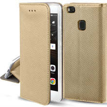 Afbeelding in Gallery-weergave laden, Moozy Case Flip Cover for Huawei P9 Lite, Gold - Smart Magnetic Flip Case with Card Holder and Stand