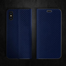 Afbeelding in Gallery-weergave laden, Moozy Wallet Case for iPhone X, iPhone XS, Dark Blue Carbon – Metallic Edge Protection Magnetic Closure Flip Cover with Card Holder