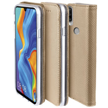 Ladda upp bild till gallerivisning, Moozy Case Flip Cover for Huawei P30 Lite, Gold - Smart Magnetic Flip Case with Card Holder and Stand