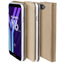 Ladda upp bild till gallerivisning, Moozy Case Flip Cover for Huawei Y6 2018, Gold - Smart Magnetic Flip Case with Card Holder and Stand