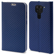Lade das Bild in den Galerie-Viewer, Moozy Wallet Case für Xiaomi Redmi Note 9, Dark Blue Carbon – Metallischer Kantenschutz Magnetverschluss Flip Cover mit Kartenhalter