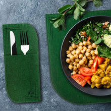 Załaduj obraz do przeglądarki galerii, VILSTO Felt Fabric Place Mats, Dining Table Dinner Sets, Placemats and Coasters Set with Cutlery Holder, 18 Piece Set, Kitchen Mat, Dark Green