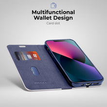 Cargar imagen en el visor de la galería, Moozy Wallet Case for iPhone 13, Dark Blue Carbon – Flip Case with Metallic Border Design Magnetic Closure Flip Cover with Card Holder