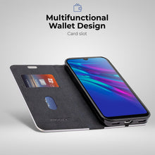 Afbeelding in Gallery-weergave laden, Moozy Wallet Case for Huawei Y6 2019, Black Carbon – Metallic Edge Protection Magnetic Closure Flip Cover with Card Holder