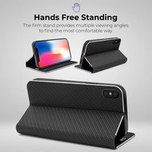 Afbeelding in Gallery-weergave laden, Moozy Wallet Case for iPhone X, iPhone XS, Black Carbon – Metallic Edge Protection Magnetic Closure Flip Cover with Card Holder