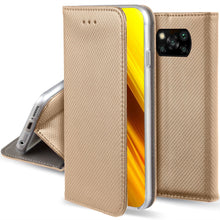 Afbeelding in Gallery-weergave laden, Moozy Case Flip Cover for Xiaomi Poco X3 NFC, Gold - Smart Magnetic Flip Case with Card Holder and Stand