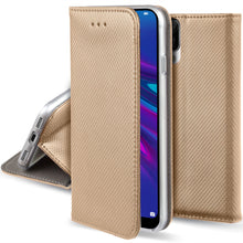 Ladda upp bild till gallerivisning, Moozy Case Flip Cover for Huawei Y6 2019, Gold - Smart Magnetic Flip Case with Card Holder and Stand