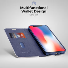 Afbeelding in Gallery-weergave laden, Moozy Wallet Case for iPhone X, iPhone XS, Dark Blue Carbon – Metallic Edge Protection Magnetic Closure Flip Cover with Card Holder