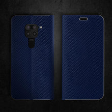 Lade das Bild in den Galerie-Viewer, Moozy Wallet Case für Xiaomi Redmi Note 9, Dark Blue Carbon – Metallischer Kantenschutz Magnetverschluss Flip Cover mit Kartenhalter