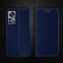 Load image into Gallery viewer, Moozy Wallet Case for Xiaomi 12 Pro, Dark Blue Carbon - Flip Case with Metallic Border Design Magnetic Closure Flip Cover with Card Holder and Kickstand Function