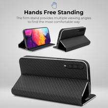 Lade das Bild in den Galerie-Viewer, Moozy Wallet Case für Samsung A50, Black Carbon – Metallischer Kantenschutz Magnetverschluss Flip Cover mit Kartenhalter
