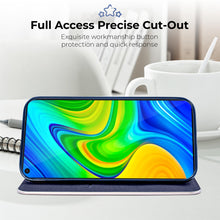 Lade das Bild in den Galerie-Viewer, Moozy Wallet Case für Xiaomi Redmi Note 9, Dark Blue Carbon – Metallischer Kantenschutz Magnetverschluss Flip Cover mit Kartenhalter