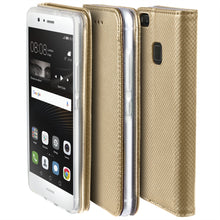 Afbeelding in Gallery-weergave laden, Moozy Case Flip Cover for Huawei P9 Lite, Gold - Smart Magnetic Flip Case with Card Holder and Stand