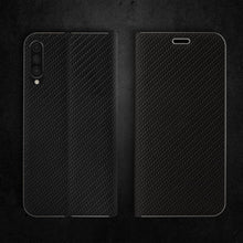 Lade das Bild in den Galerie-Viewer, Moozy Wallet Case für Samsung A50, Black Carbon – Metallischer Kantenschutz Magnetverschluss Flip Cover mit Kartenhalter