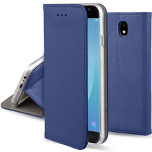 Load image into Gallery viewer, Moozy Case Flip Cover for Samsung J3 2017, Dark Blue - Smart Magnetic Flip Case with Card Holder and Stand