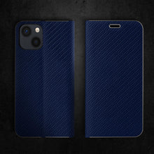 Ladda upp bild till gallerivisning, Moozy Wallet Case for iPhone 13 Mini, Dark Blue Carbon – Flip Case with Metallic Border Design Magnetic Closure Flip Cover with Card Holder