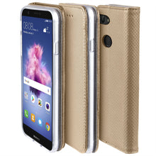 Lade das Bild in den Galerie-Viewer, Moozy Case Flip Cover for Huawei P Smart, Gold - Smart Magnetic Flip Case with Card Holder and Stand