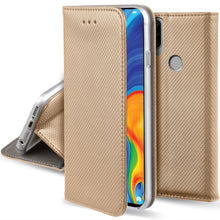 Ladda upp bild till gallerivisning, Moozy Case Flip Cover for Huawei P30 Lite, Gold - Smart Magnetic Flip Case with Card Holder and Stand