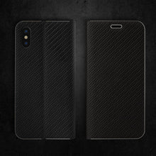 Afbeelding in Gallery-weergave laden, Moozy Wallet Case for iPhone X, iPhone XS, Black Carbon – Metallic Edge Protection Magnetic Closure Flip Cover with Card Holder