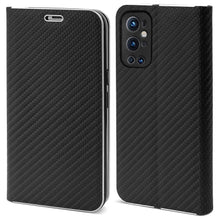 Cargar imagen en el visor de la galería, Moozy Wallet Case for OnePlus 9 Pro, Black Carbon - Flip Case with Metallic Border Design Magnetic Closure Flip Cover with Card Holder and Kickstand Function