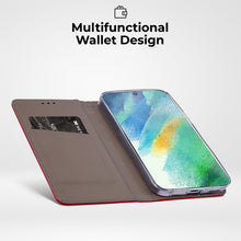 Afbeelding in Gallery-weergave laden, Moozy Case Flip Cover for Samsung S21 FE, Red - Smart Magnetic Flip Case Flip Folio Wallet Case with Card Holder and Stand, Credit Card Slots, Kickstand Function