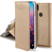 Ladda upp bild till gallerivisning, Moozy Case Flip Cover for Huawei P20 Lite, Gold - Smart Magnetic Flip Case with Card Holder and Stand
