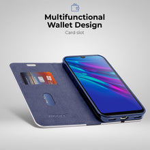 Load image into Gallery viewer, Moozy Wallet Case for Huawei Y6 2019, Dark Blue Carbon – Metallic Edge Protection Magnetic Closure Flip Cover with Card Holder