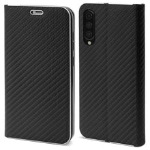 Lade das Bild in den Galerie-Viewer, Moozy Wallet Case für Samsung A50, Black Carbon – Metallischer Kantenschutz Magnetverschluss Flip Cover mit Kartenhalter
