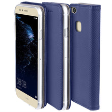 Ladda upp bild till gallerivisning, Moozy Case Flip Cover for Huawei P10 Lite, Dark Blue - Smart Magnetic Flip Case with Card Holder and Stand