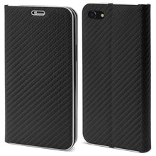 Ladda upp bild till gallerivisning, Moozy Wallet Case for iPhone SE 2020, iPhone 7, iPhone 8, Black Carbon – Metallic Edge Protection Magnetic Closure Flip Cover with Card Holder