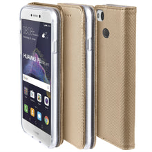 Ladda upp bild till gallerivisning, Moozy Case Flip Cover for Huawei P8 Lite 2017, Gold - Smart Magnetic Flip Case with Card Holder and Stand