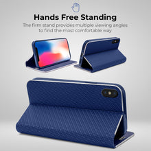 Afbeelding in Gallery-weergave laden, Moozy Wallet Case for iPhone X, iPhone XS, Dark Blue Carbon – Metallic Edge Protection Magnetic Closure Flip Cover with Card Holder