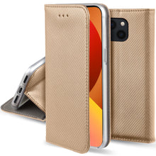 Carica l'immagine nel visualizzatore di Gallery, Moozy Case Flip Cover for iPhone 13 Mini, Gold - Smart Magnetic Flip Case Flip Folio Wallet Case with Card Holder and Stand, Credit Card Slots10,99
