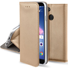 Lade das Bild in den Galerie-Viewer, Moozy Case Flip Cover for Huawei P Smart, Gold - Smart Magnetic Flip Case with Card Holder and Stand