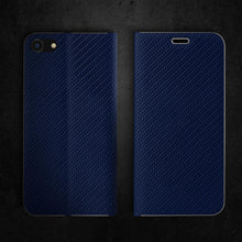 Afbeelding in Gallery-weergave laden, Moozy Wallet Case for iPhone SE 2020, iPhone 7, iPhone 8, Dark Blue Carbon - Metallic Edge Protection Magnetic Closure Flip Cover with Card Holder