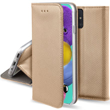Load image into Gallery viewer, Moozy Case Flip Cover for Samsung A51, Gold - Smart Magnetic Flip Case with Card Holder and Stand
