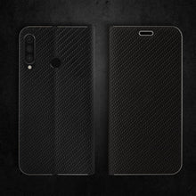 Afbeelding in Gallery-weergave laden, Moozy Wallet Case for Huawei P30 Lite, Black Carbon – Metallic Edge Protection Magnetic Closure Flip Cover with Card Holder
