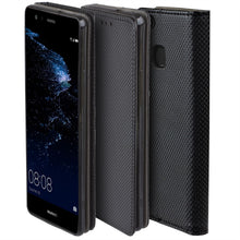 Ladda upp bild till gallerivisning, Moozy Case Flip Cover for Huawei P10 Lite, Black - Smart Magnetic Flip Case with Card Holder and Stand