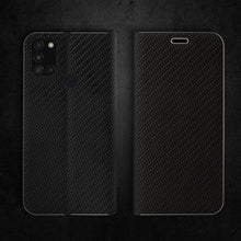Load image into Gallery viewer, Moozy Wallet Case for Samsung A21s, Black Carbon – Metallic Edge Protection Magnetic Closure Flip Cover with Card Holder