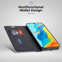 Afbeelding in Gallery-weergave laden, Moozy Wallet Case for Huawei P30 Lite, Black Carbon – Metallic Edge Protection Magnetic Closure Flip Cover with Card Holder
